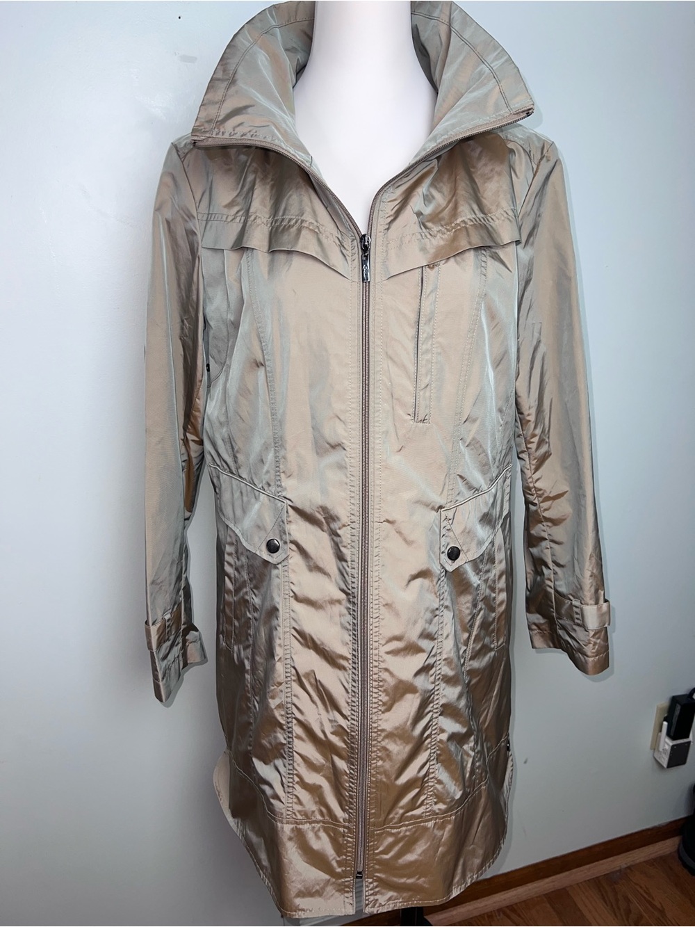 Cole Haan Iridescent Topaz Hooded Trench Rain Coat Jacket Large 35MD4030